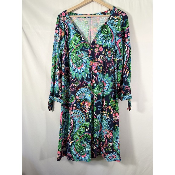 Lilly Pulitzer Dresses & Skirts - Lilly Pulitzer Cath Dress Take Me To The Sea 3/4 Sleeve V Neck Cotton Womens‎ L